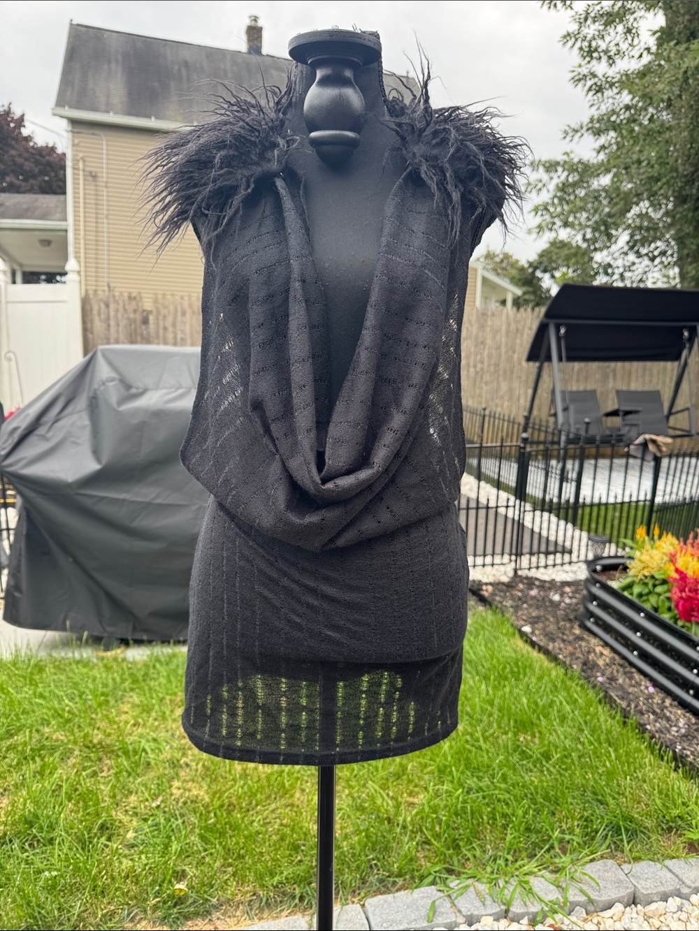 Dolllskill Black Feather-Trim Cowl Neck Women’s Sweater